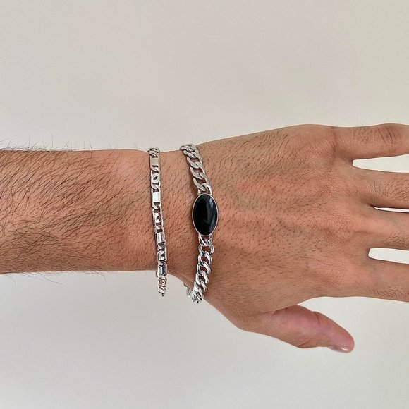 y2k 2000s black opal cuban link silver bracelet - Picture 1 of 8